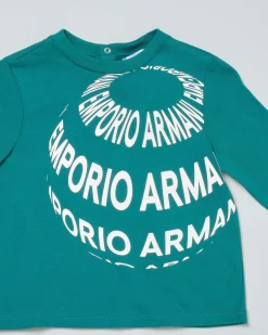 T-shirt Emporio Armani verde in cotone a manica lunga con stampa grafica scritte logo