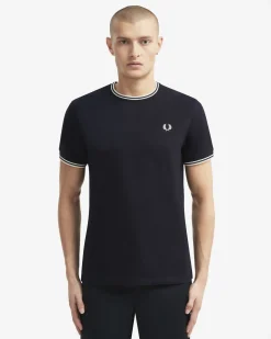 T-shirt Fred Perry blu mezza manica con bordino bianco