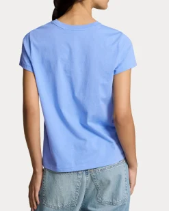 T-shirt girocollo azzurra in cotone con logo ricamato sul petto