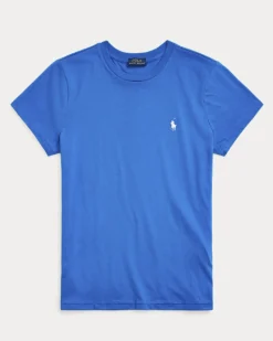 T-shirt girocollo blu China in cotone con logo ricamato sul petto