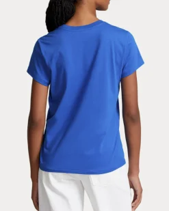 T-shirt girocollo blu China in cotone con logo ricamato sul petto