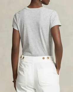 T-shirt grigia chiaro in cotone con scollo tondo e logo ricamato