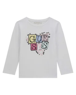 T-shirt Guess bianca a maniche lunghe in misto cotone con logo gommato multicolor