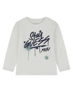 T-shirt Guess bianca a maniche lunghe in puro cotone con logo colato