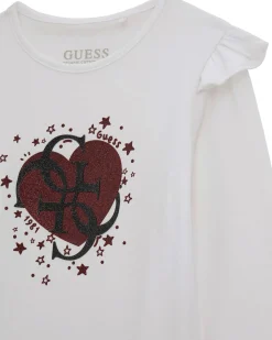 T-shirt Guess bianca con volant e logo monogram con cuore brillantinato