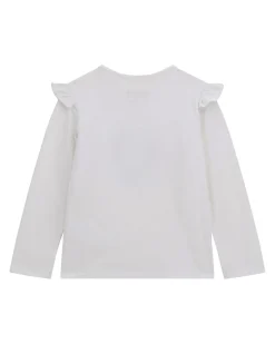 T-shirt Guess bianca con volant e logo monogram con cuore brillantinato
