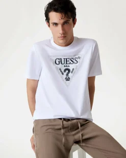 T-shirt Guess bianca in cotone con stampa logo triangolo frontale