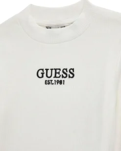 T-shirt Guess bianca in cotone stretch a maniche lunghe con logo nero
