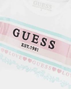 T-shirt Guess bianca in cotone stretch con con bande rosa e azzurre