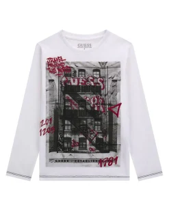T-shirt Guess bianco a manica lunga in puro cotone con stampa graffiti