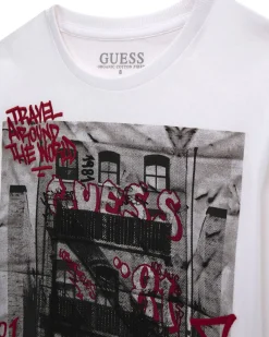 T-shirt Guess bianco a manica lunga in puro cotone con stampa graffiti