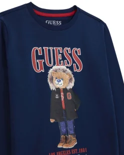 T-shirt Guess blu a manica lunga in puro cotone con orsetto e scritta logo