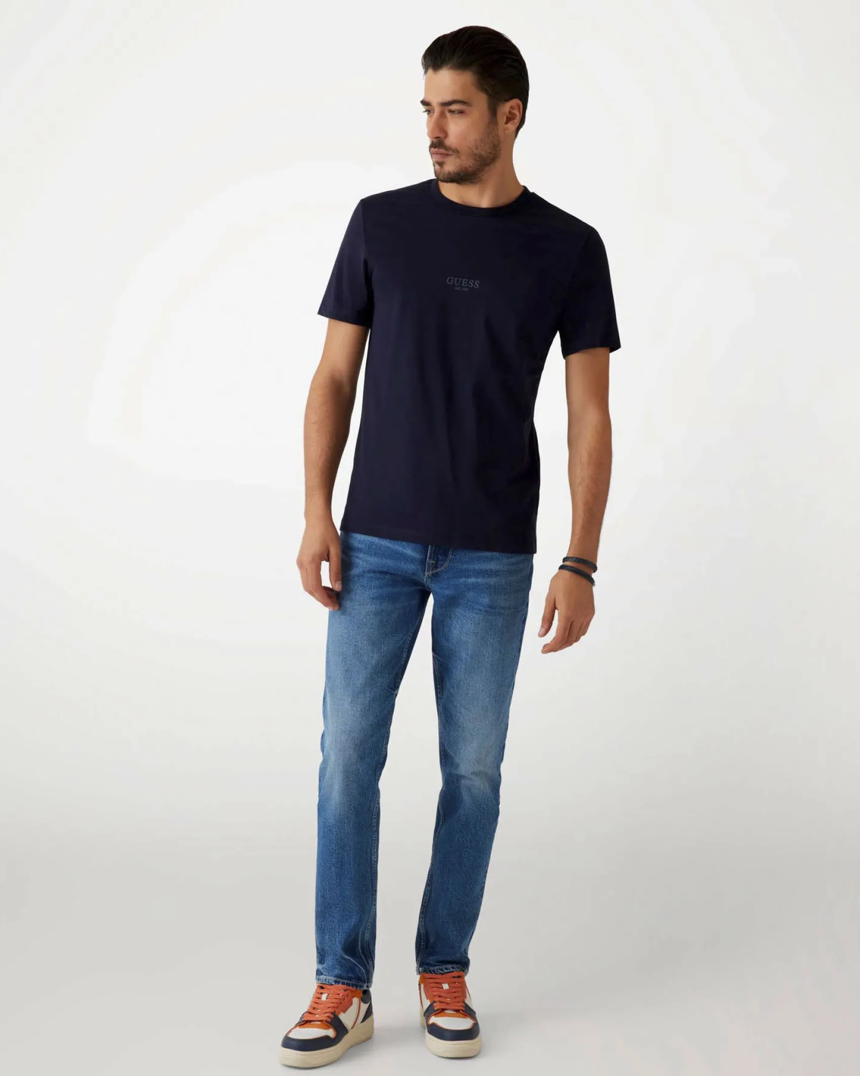 T-shirt Guess blu in cotone con logo in tono ricamato sul petto