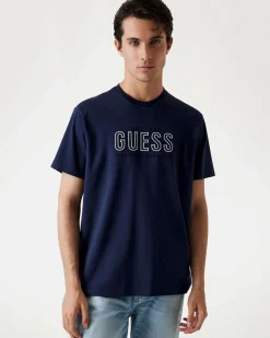 T-shirt Guess blu in cotone con logo scritta in rilievo sul petto