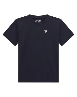 T-shirt Guess blu mezza manica con mini trangolo logo icon bianco