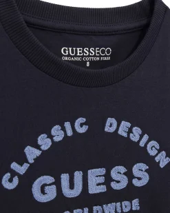 T-shirt Guess blu mezza manica in puro cotone con scritta azzurra