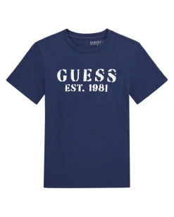 T-shirt Guess blu mezza manica in puro cotone con scritta logo bianca e taschino