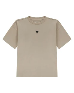 T-shirt Guess color sabbia mezza manica in puro cotone con placca logo