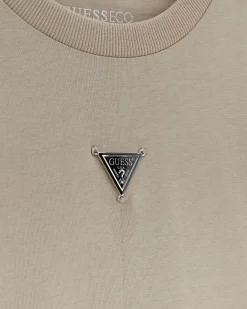 T-shirt Guess color sabbia mezza manica in puro cotone con placca logo