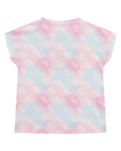 T-shirt Guess in cotone strech rosa e azzurro pastello con logo monogram