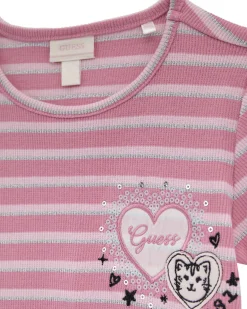 T-shirt Guess in cotone stretch rosa a righe argento
