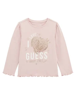 T-shirt Guess in puro cotone rosa con cuore e petali in rilievo