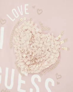 T-shirt Guess in puro cotone rosa con cuore e petali in rilievo
