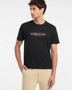 T-shirt Guess Jeans nera mezza manica con logo stampato davanti