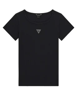 T-shirt Guess nera a costine in cotone stretch a maniche corte
