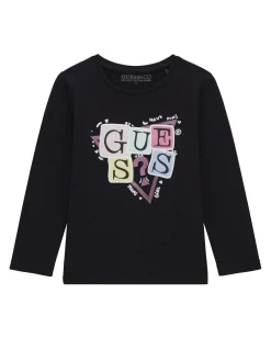 T-shirt Guess nera a maniche lunghe in misto cotone con logo gommato multicolor