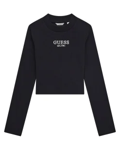T-shirt Guess nera in cotone stretch a maniche lunghe con logo bianco