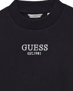 T-shirt Guess nera in cotone stretch a maniche lunghe con logo bianco