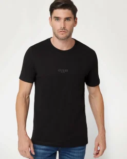 T-shirt Guess nera in cotone con logo in tono ricamato sul petto