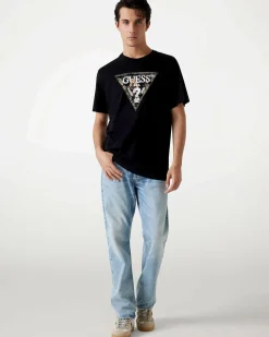 T-shirt Guess nera in cotone con stampa logo triangolo frontale