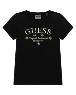 T-shirt Guess nera in puro cotone a maniche corte con logo oro