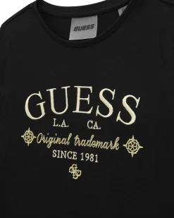 T-shirt Guess nera in puro cotone a maniche corte con logo oro