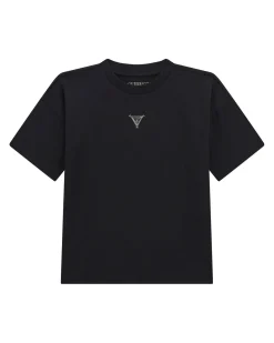 T-shirt Guess nera mezza manica in puro cotone con placca logo