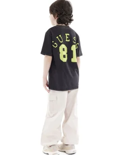 T-shirt Guess nera mezza manica in puro cotone con scritta logo fluorescente