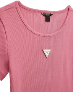 T-shirt Guess rosa a costine in cotone stretch a maniche corte