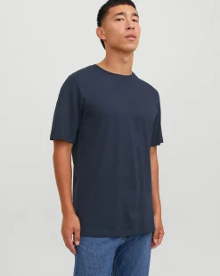 T-shirt Jack & Jones blu regular-fit tinta unita con scollo a giro e mezze maniche