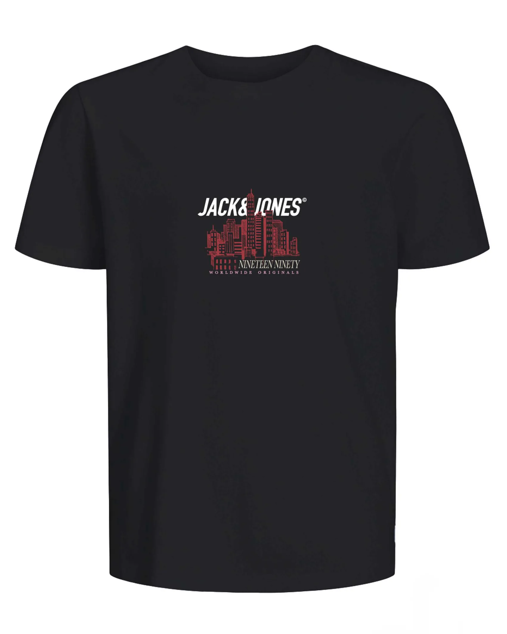 T-shirt Jack & Jones nera in puro cotone con skyline rosso