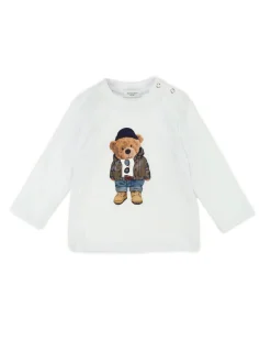 T-shirt Jeckerson bianca in cotone a maniche lunghe con stampa orsetto
