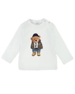 T-shirt Jeckerson bianca in cotone a maniche lunghe con stampa orsetto