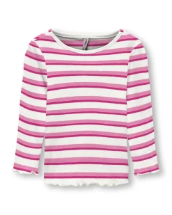 T-shirt Kids Only in cotone e viscosa stretch a fantasia rigata bianca e fucsia con maniche lunghe