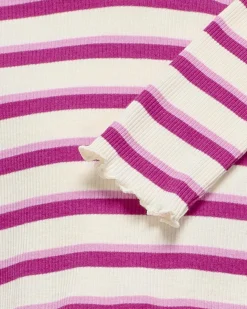 T-shirt Kids Only in cotone e viscosa stretch a fantasia rigata bianca e fucsia con maniche lunghe