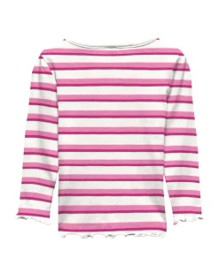 T-shirt Kids Only in cotone e viscosa stretch a fantasia rigata bianca e fucsia con maniche lunghe
