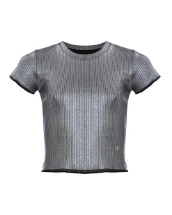 T-shirt Kocca in misto viscosa stretch argento metallizzato a maniche corte