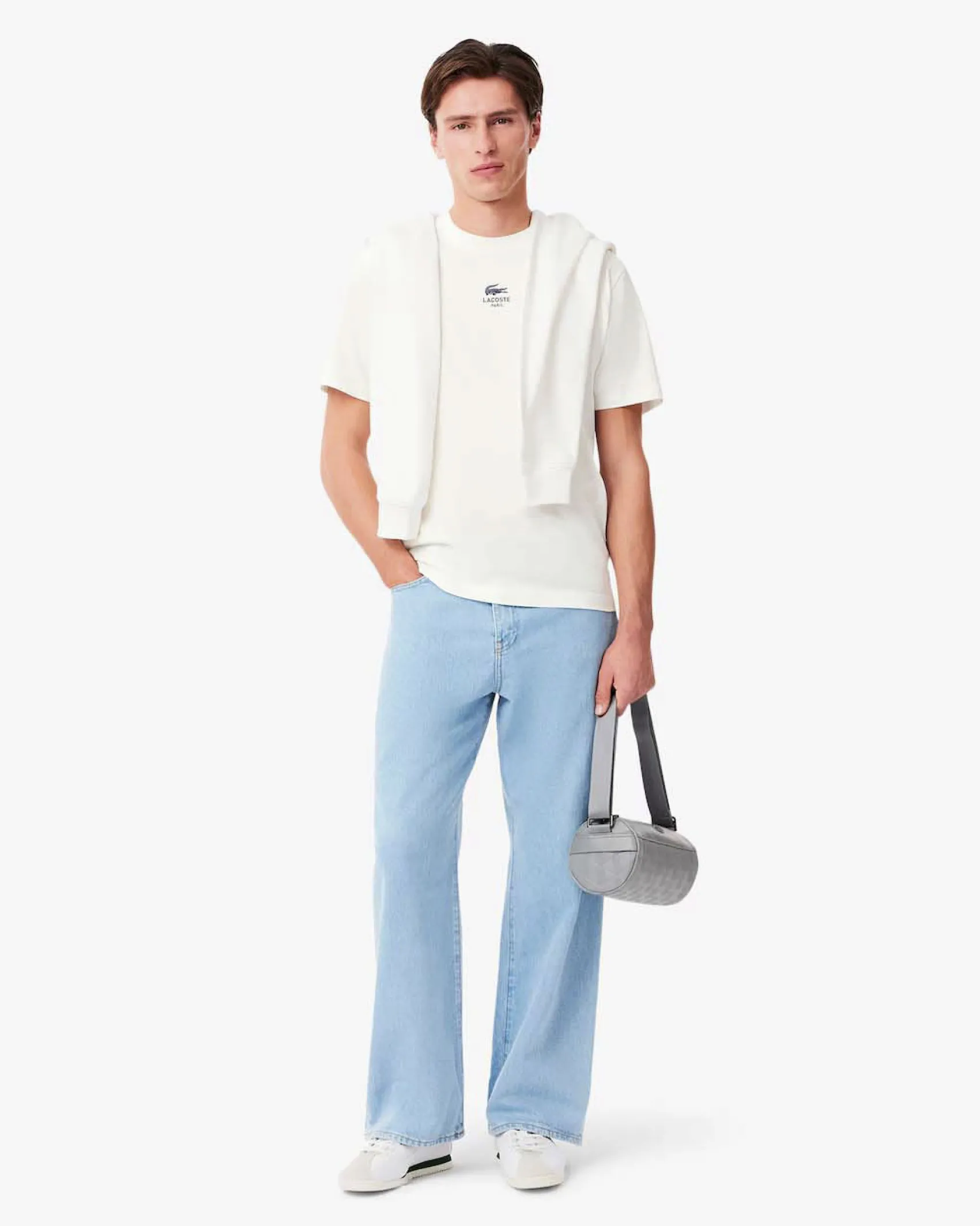 T-shirt Lacoste bianca in jersey di cotone pesante con stampa logo davanti