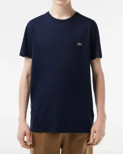 T-shirt Lacoste blu in pima cotton con logo coccodrillo verde