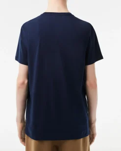 T-shirt Lacoste blu in pima cotton con logo coccodrillo verde